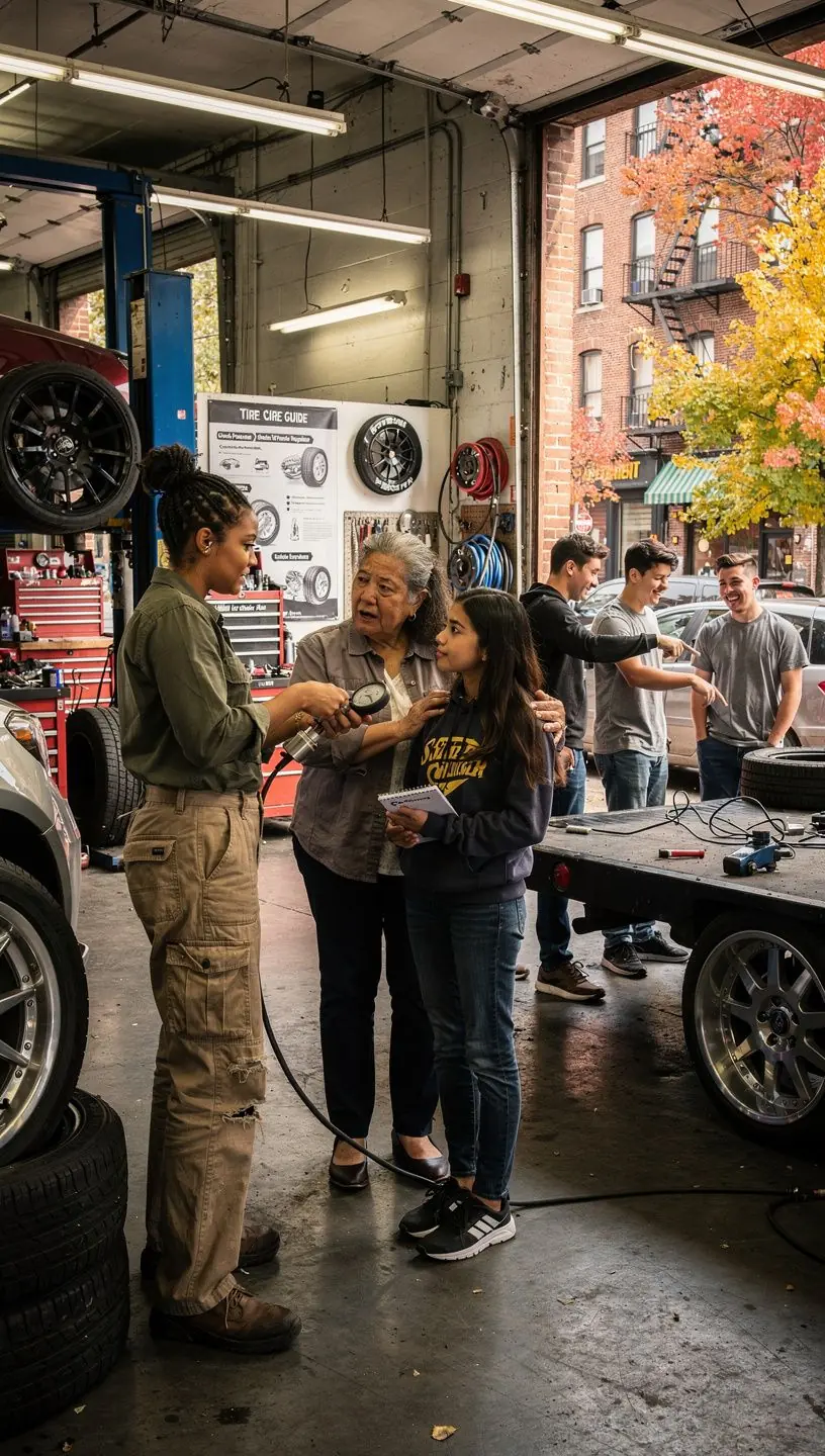 Mechanic using diagnostic tools to assess suspension alignment for vehicles frequently navigating New York’s dense traffic